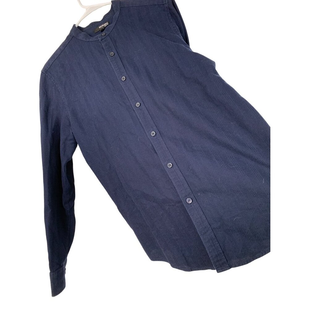 Murano Mens Navy Band Collar Slim Fit Shirt M Cotton Texture LS Button 8886